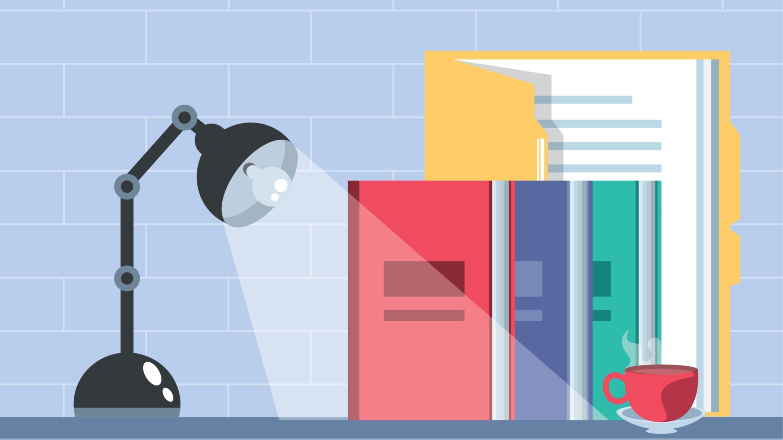 Image of a desk with books, a lamp and coffee