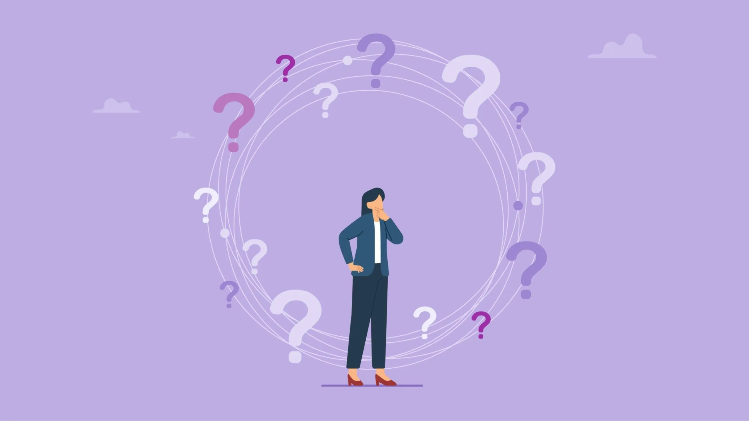 Image of a person stood in a circle of question marks confused
