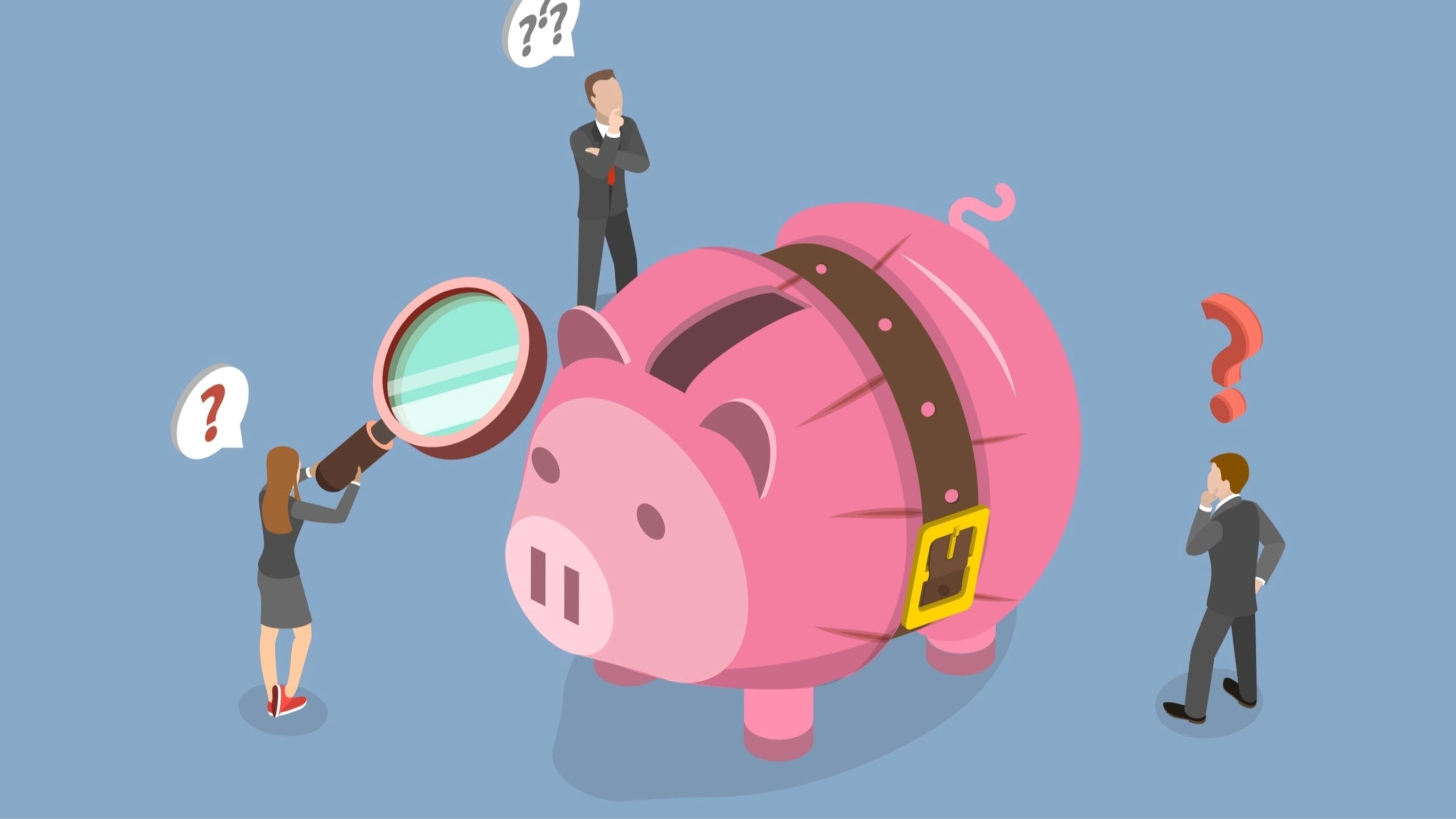 Image of a piggy bank being squeezed and people looking confused around it