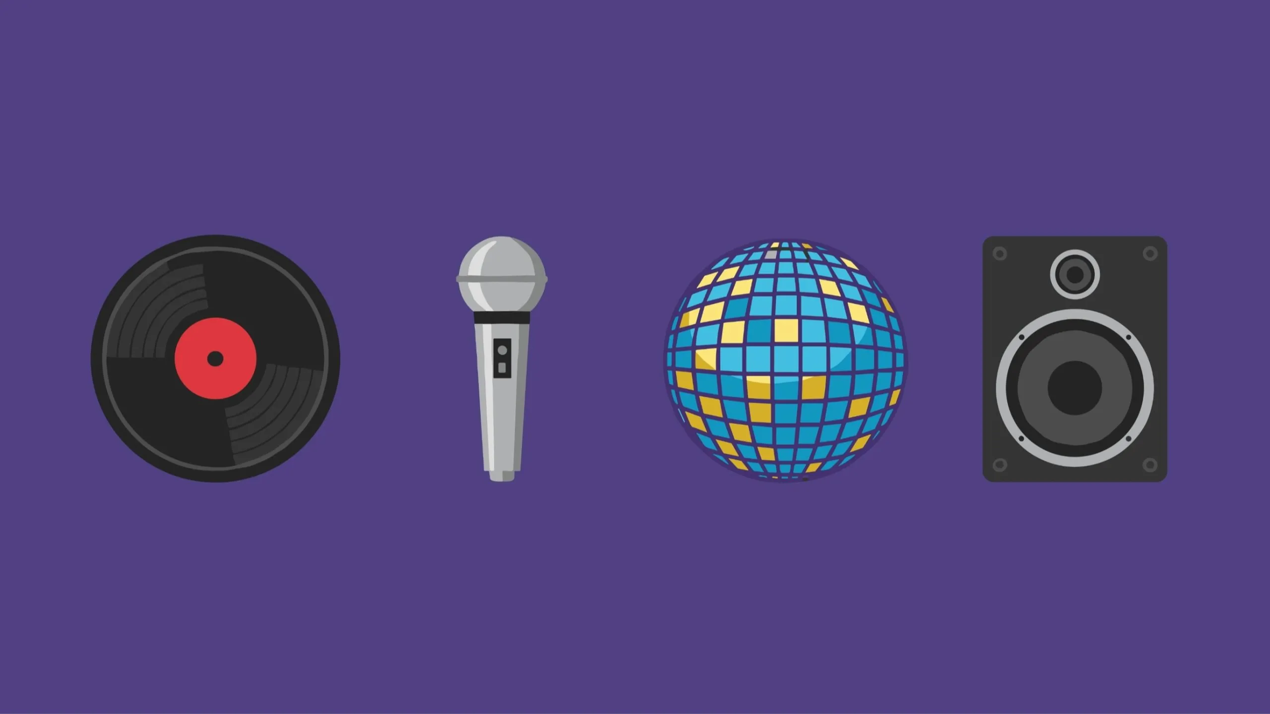 Image of a vinyl record, microphone, disco ball, and speaker